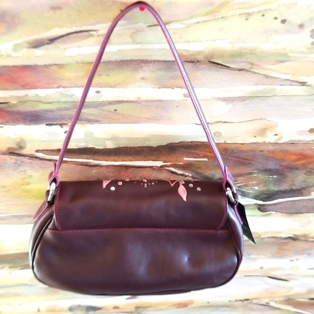 ARTSY GIAN Franco SISTI Wine Floral Collage Appliques Leather Shoulder Bag NWT - Picture 8 of 13